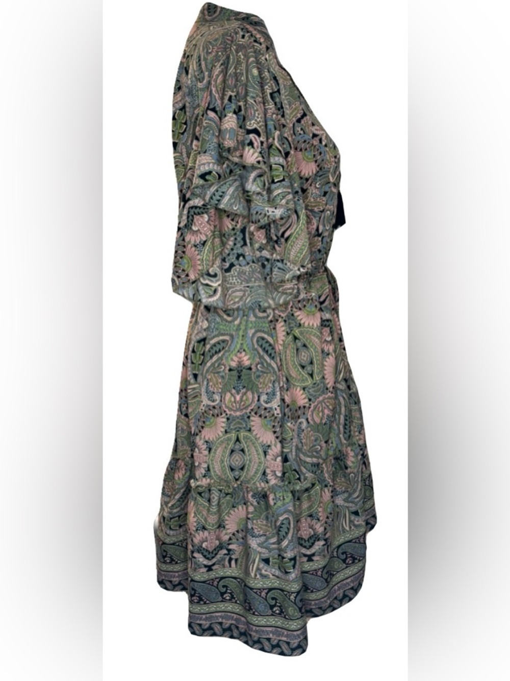 Boho Paisley Mini Dress Tassel Tie Anthropologie Style Flutter Sleeve M - Picture 2 of 6